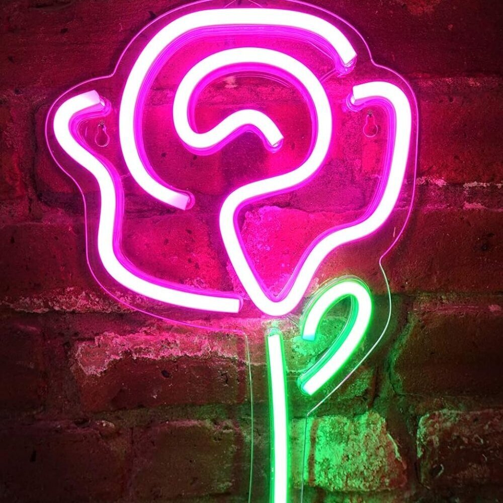 15" x 9" inch LED Neon Pink Rose Flower with Green Stem Wall Sign For Cool Light